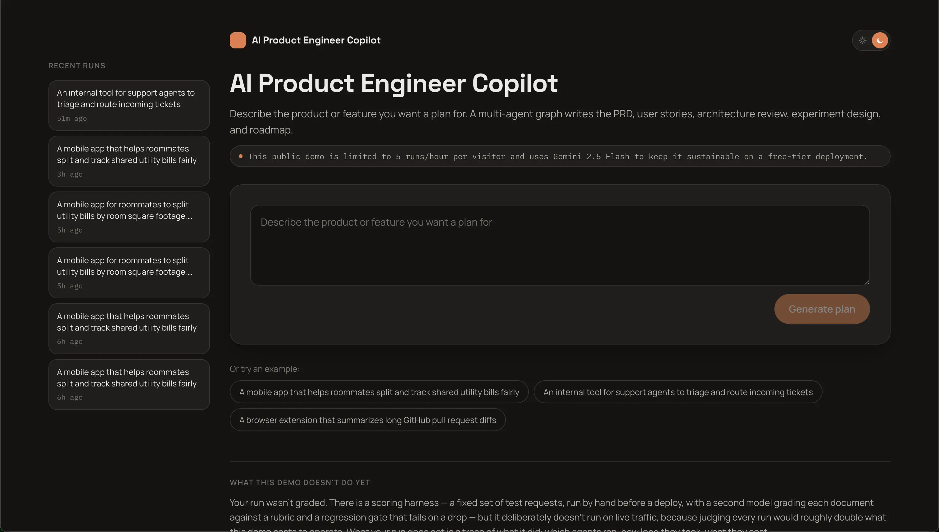 AI Product Engineer Copilot — Home screen — describe a product or feature, or try an example prompt