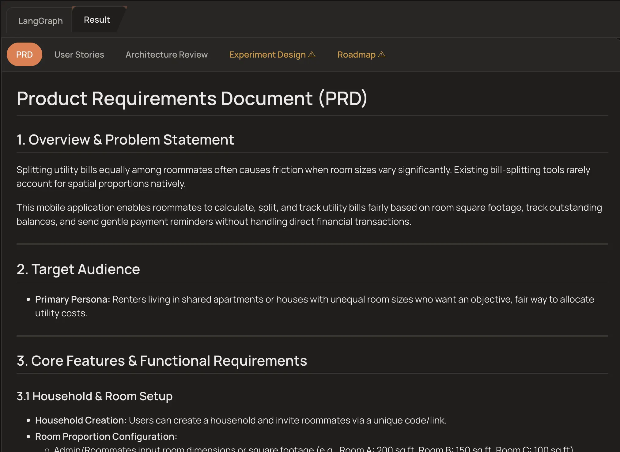 AI Product Engineer Copilot thumbnail — Generated PRD output, tabbed alongside user stories, architecture review, and roadmap