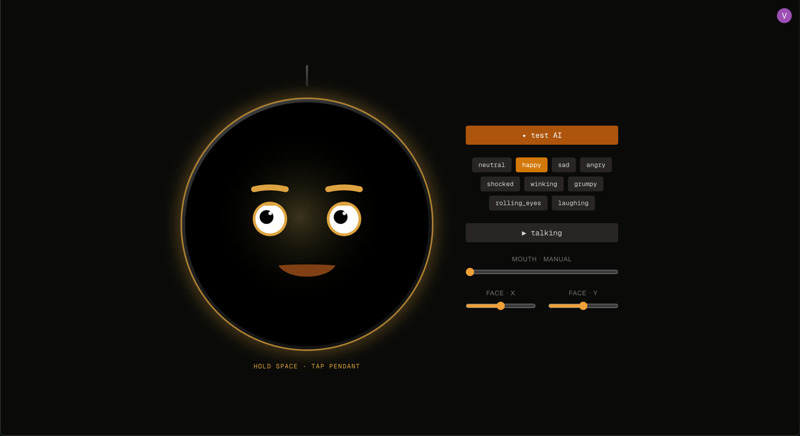 Ember — Debug harness — expression picker and manual controls